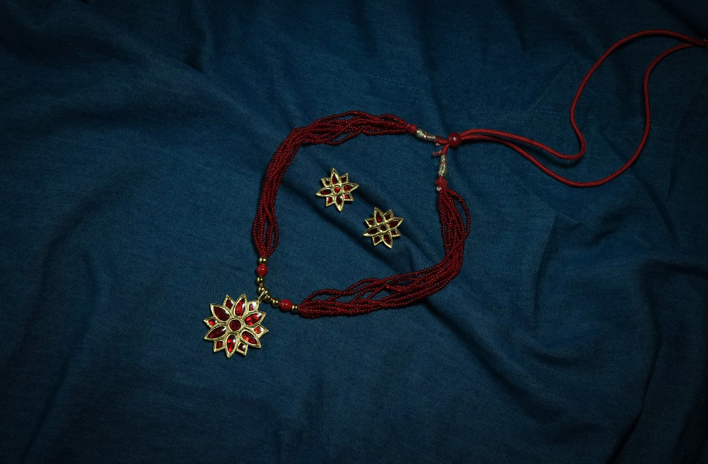 Traditional Jewellery - Thuriya Ful Pendant and Earring with Red Stone