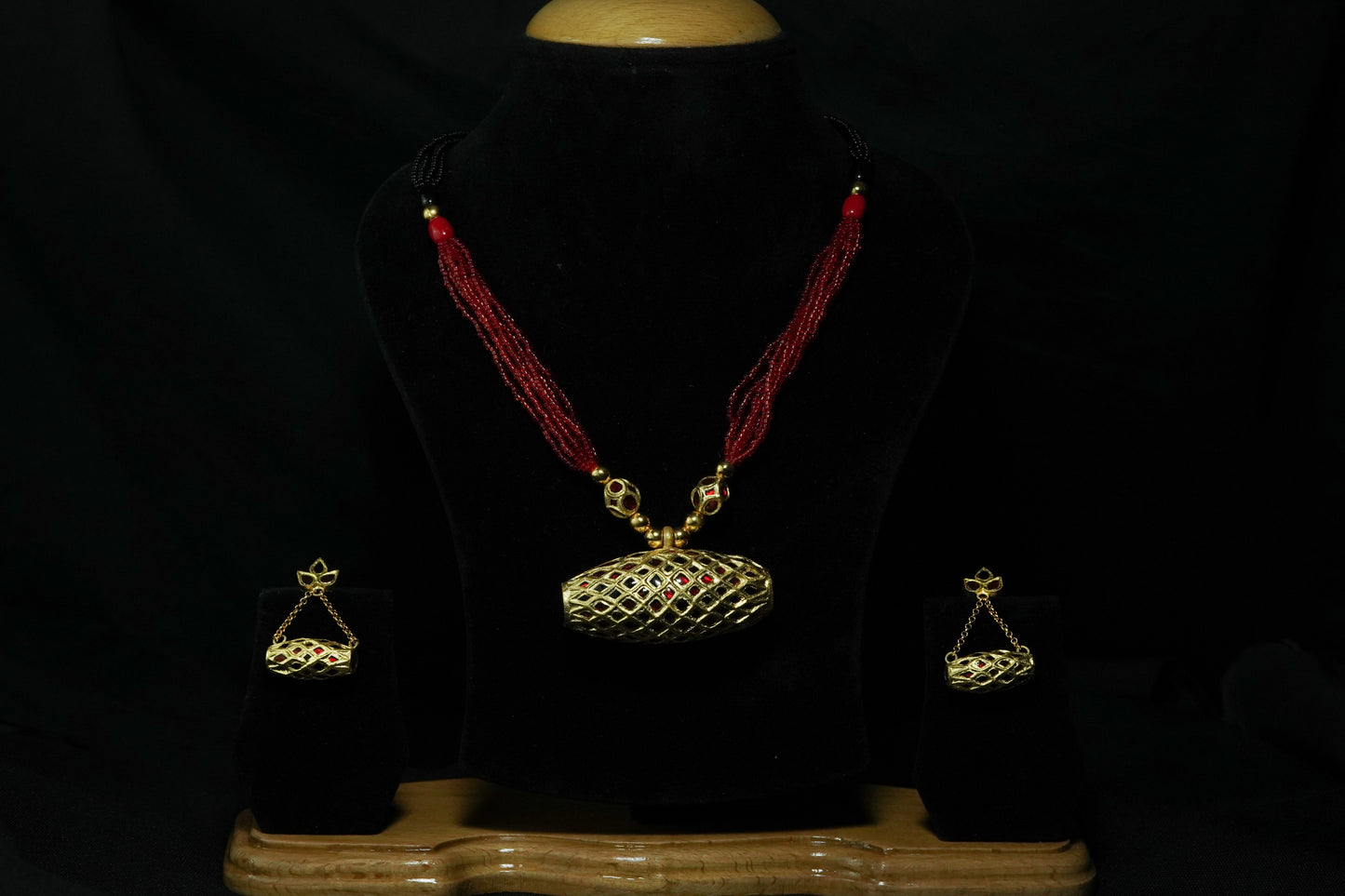 Dhol Pendant and Earring with Red and Black Stone - Assamese Silver Traditional Jewellery