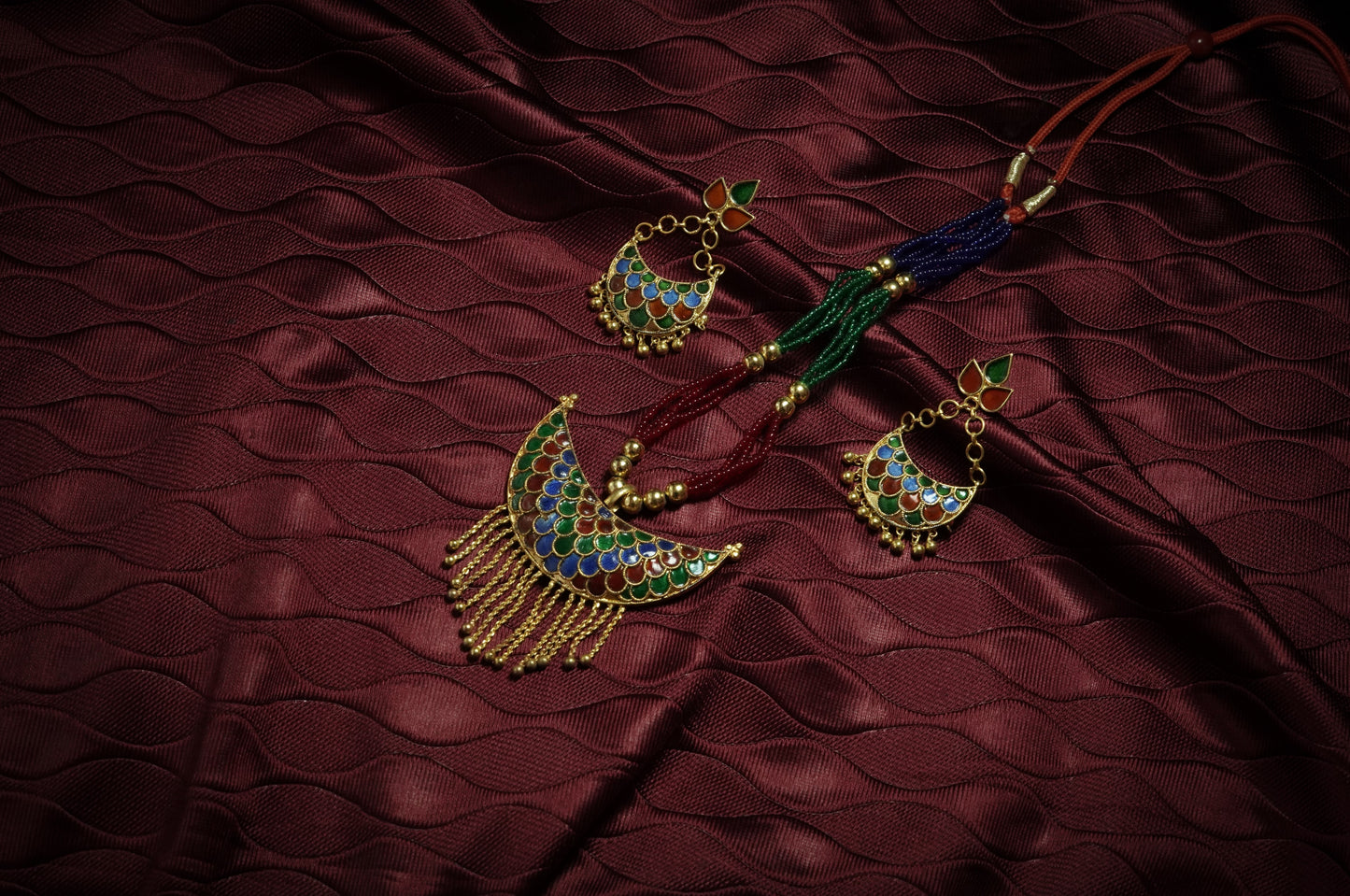 Assamese Jewellery - Junbiri Pendent and Earring with Blue , Red & Green Meenakari