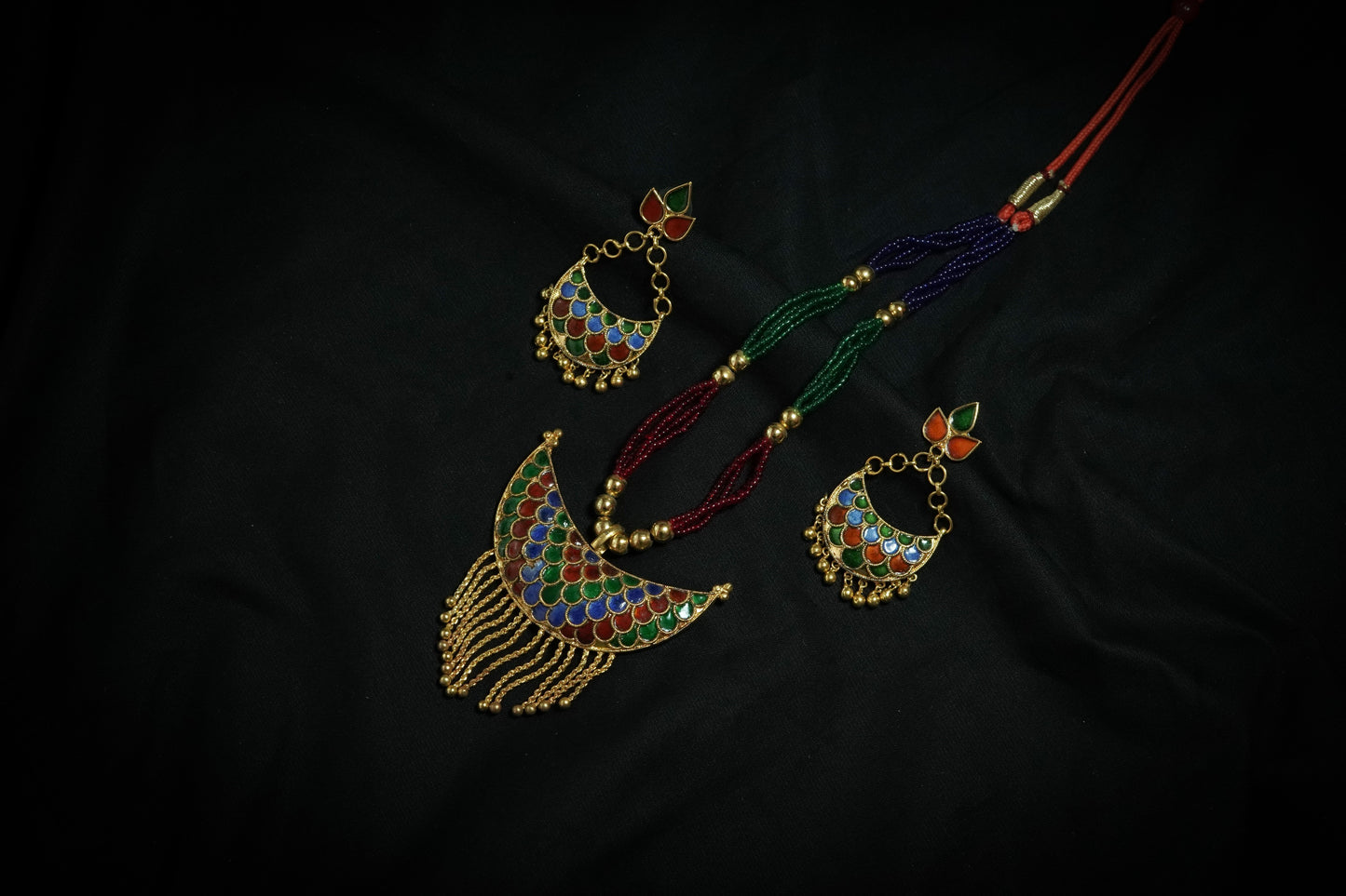 Assamese Jewellery - Junbiri Pendent and Earring with Blue , Red & Green Meenakari