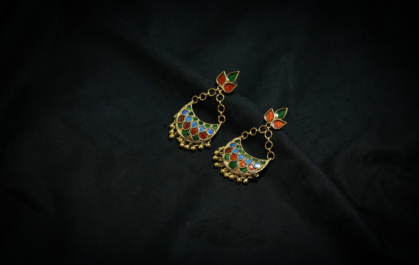 Assamese Jewellery - Junbiri Pendent and Earring with Blue , Red & Green Meenakari