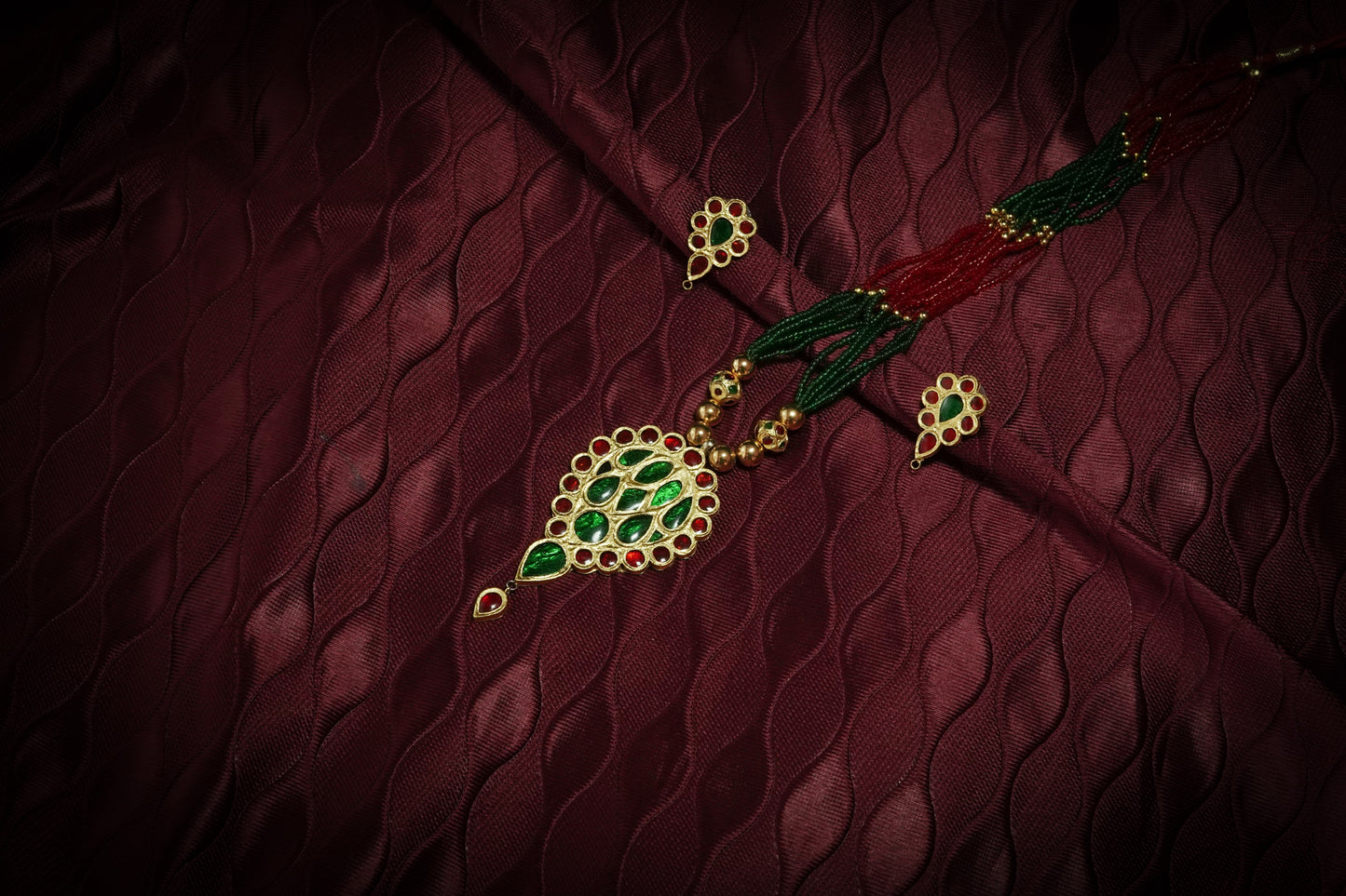 Dudgudi Pendant and Earring with Red & Green Stones - Assamese Silver Traditional Jewellery