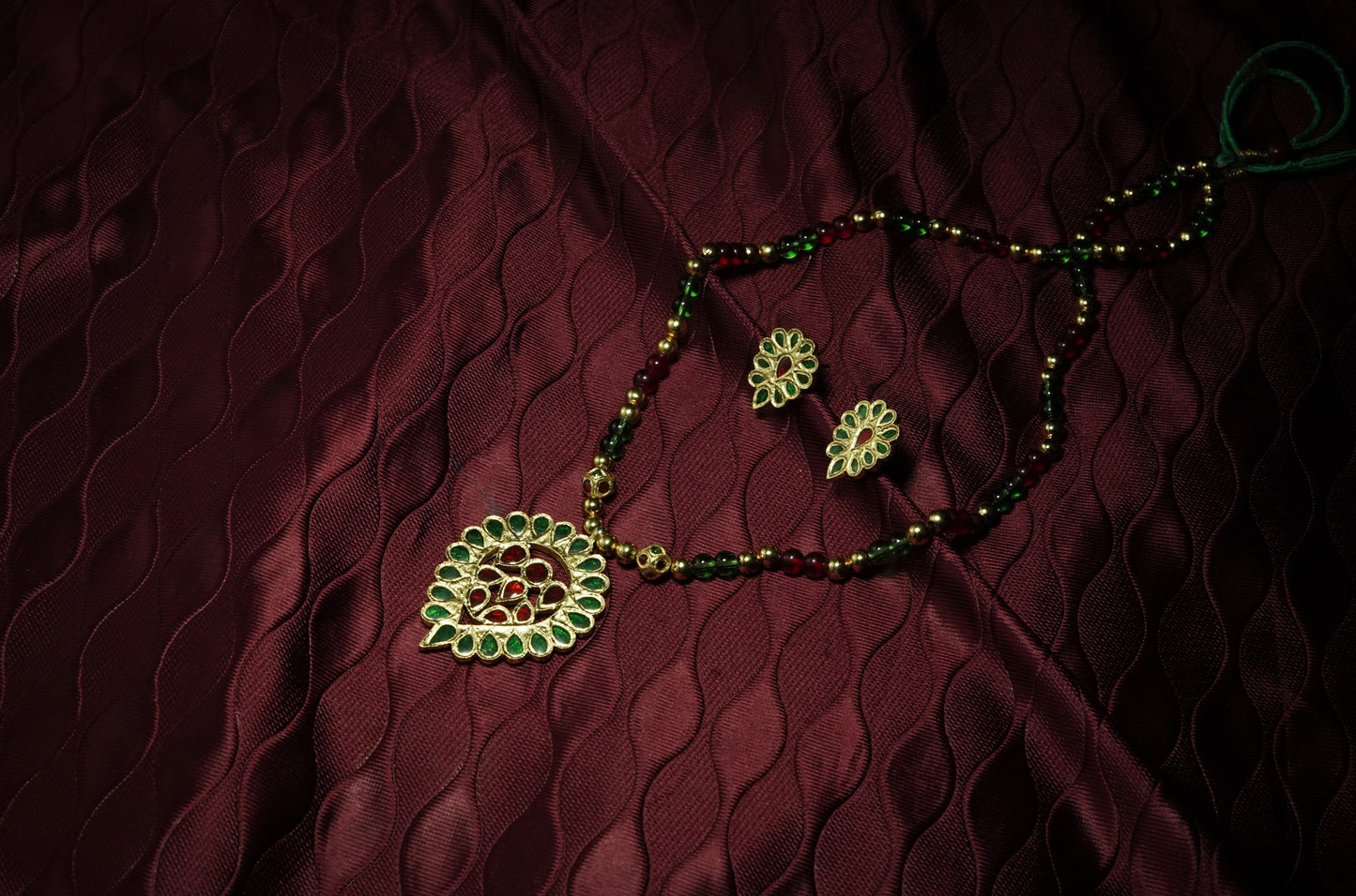 Traditional Jewellery - Dugdugi Pendant and Earring with Red and Green Stones