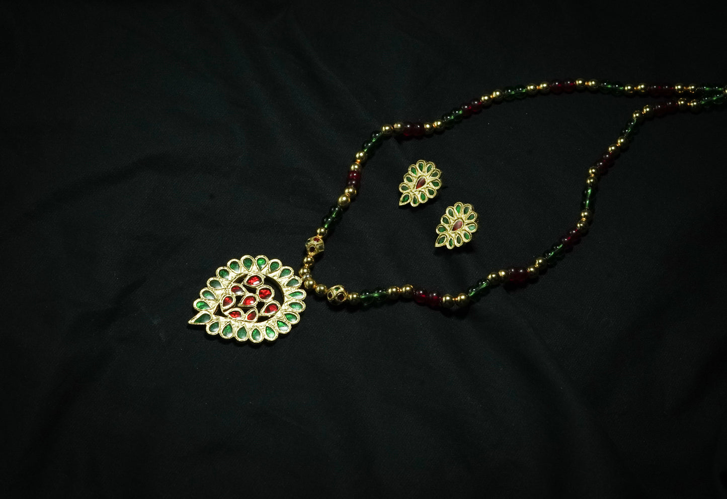 Traditional Jewellery - Dugdugi Pendant and Earring with Red and Green Stones