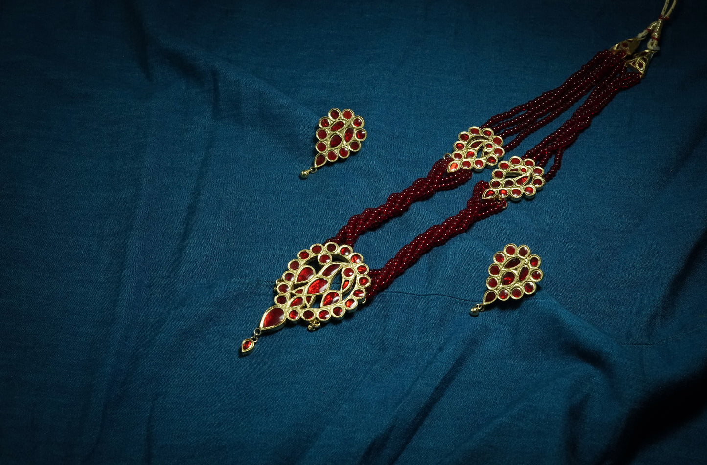 Dugdugi Necklace and Earring with Red Stone - Assamese Jewellery