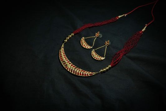 Dhansira Necklace and Earring with Red Stone - Assamese Silver Traditional Jewellery