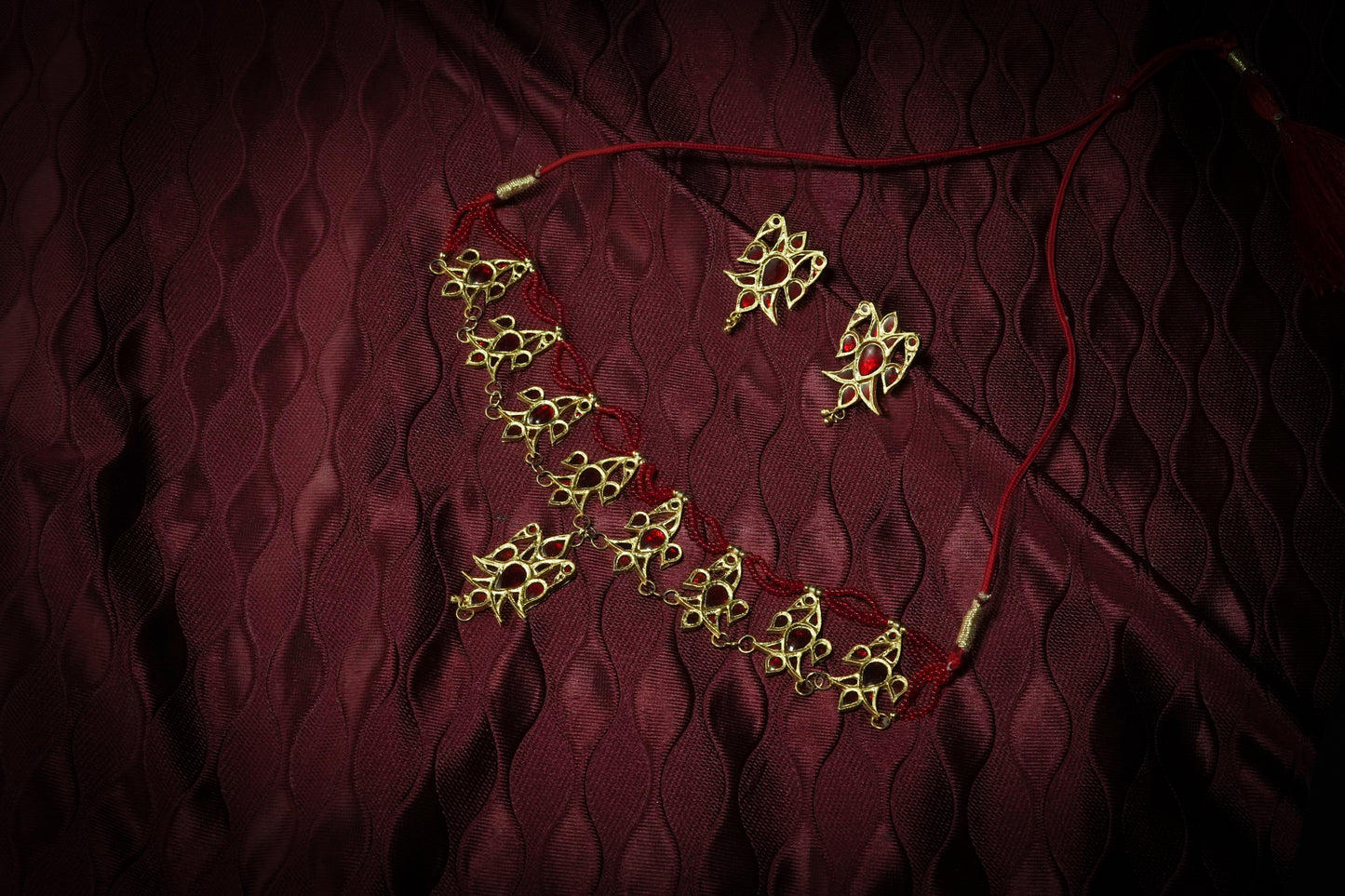 Meenakari Assamese Jewellery - Sen Choker & Earrings Set with Red Stone