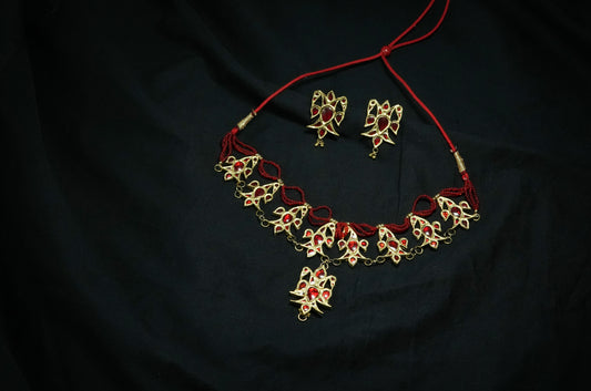 Meenakari Assamese Jewellery - Sen Choker & Earrings Set with Red Stone