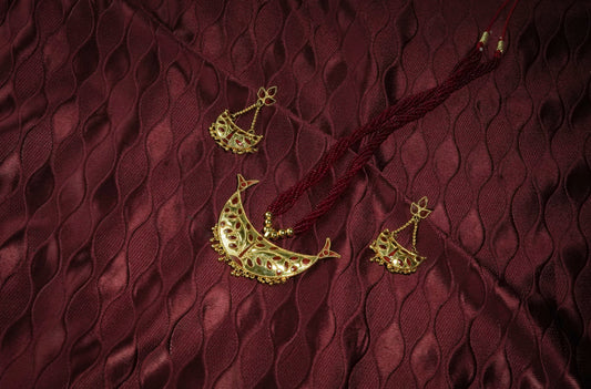 Silver Traditional Jewellery - Junbiri Pendant and Earring with Red Meenakari