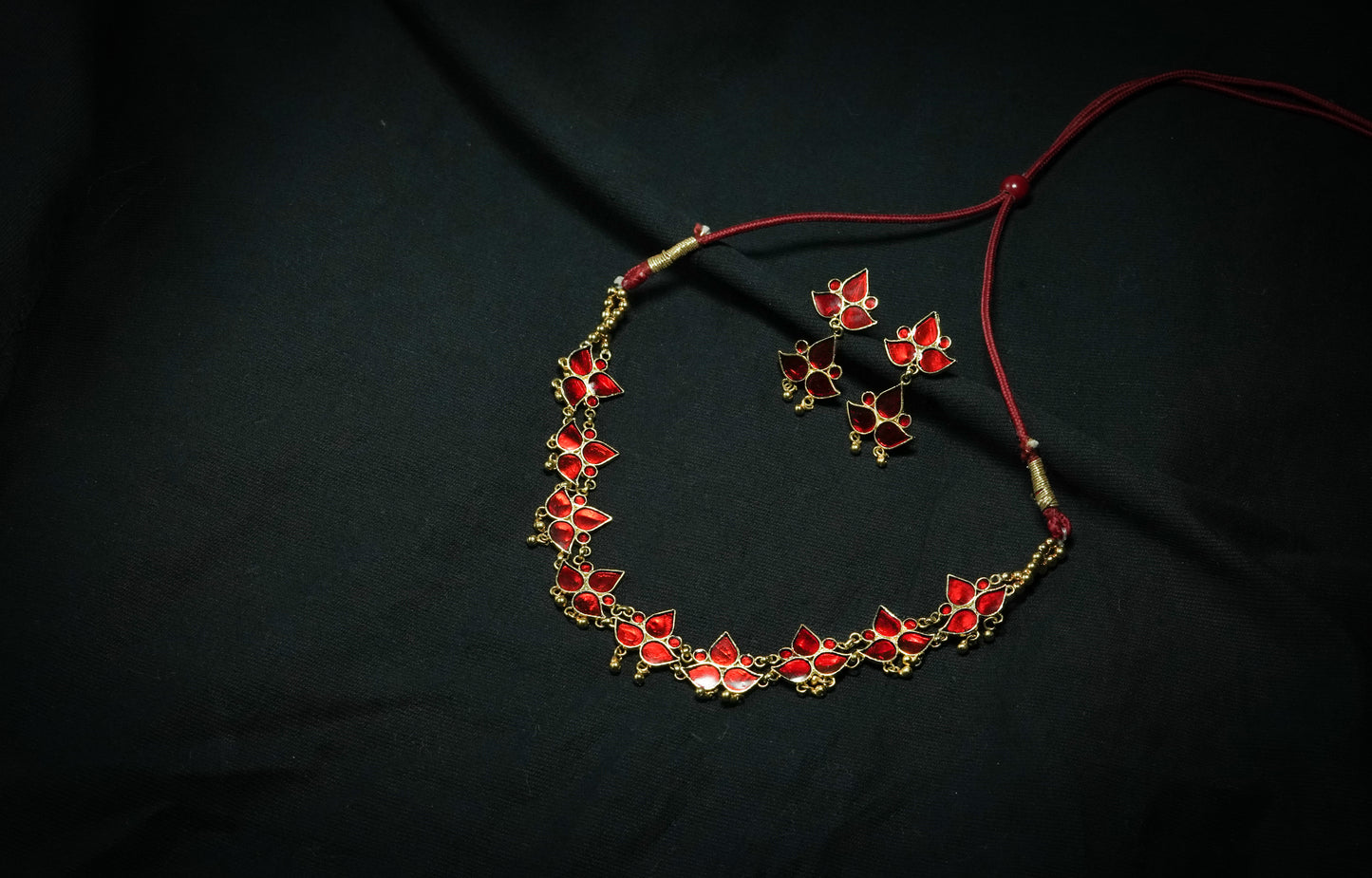 Lota Choker & Earrings Set with Red Meenakari Assamese Silver Jewellery