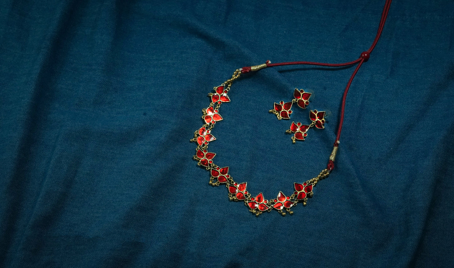 Lota Choker & Earrings Set with Red Meenakari Assamese Silver Jewellery