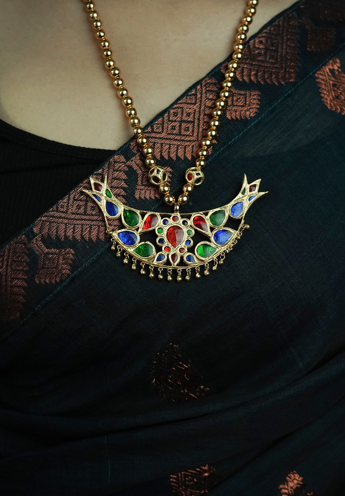 Bena Pendant and Earring with Blue, Red & Green Stones - Meenakari Assamese Silver Jewellery