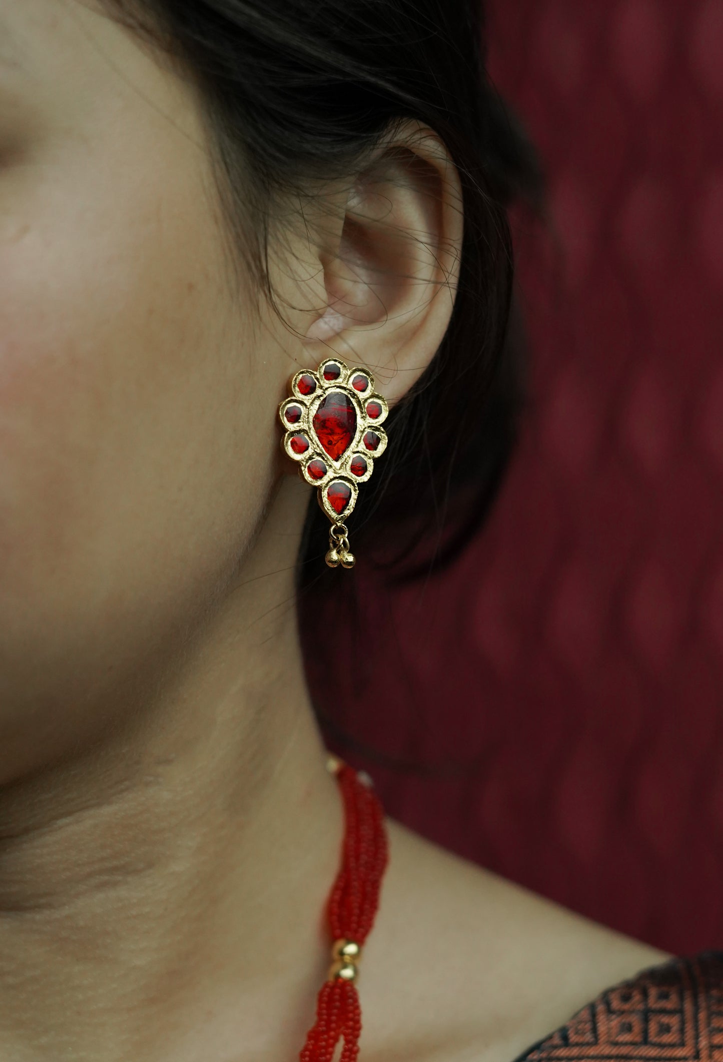 Silver Traditional Jewellery - Dugdugi Earring with Red Stones