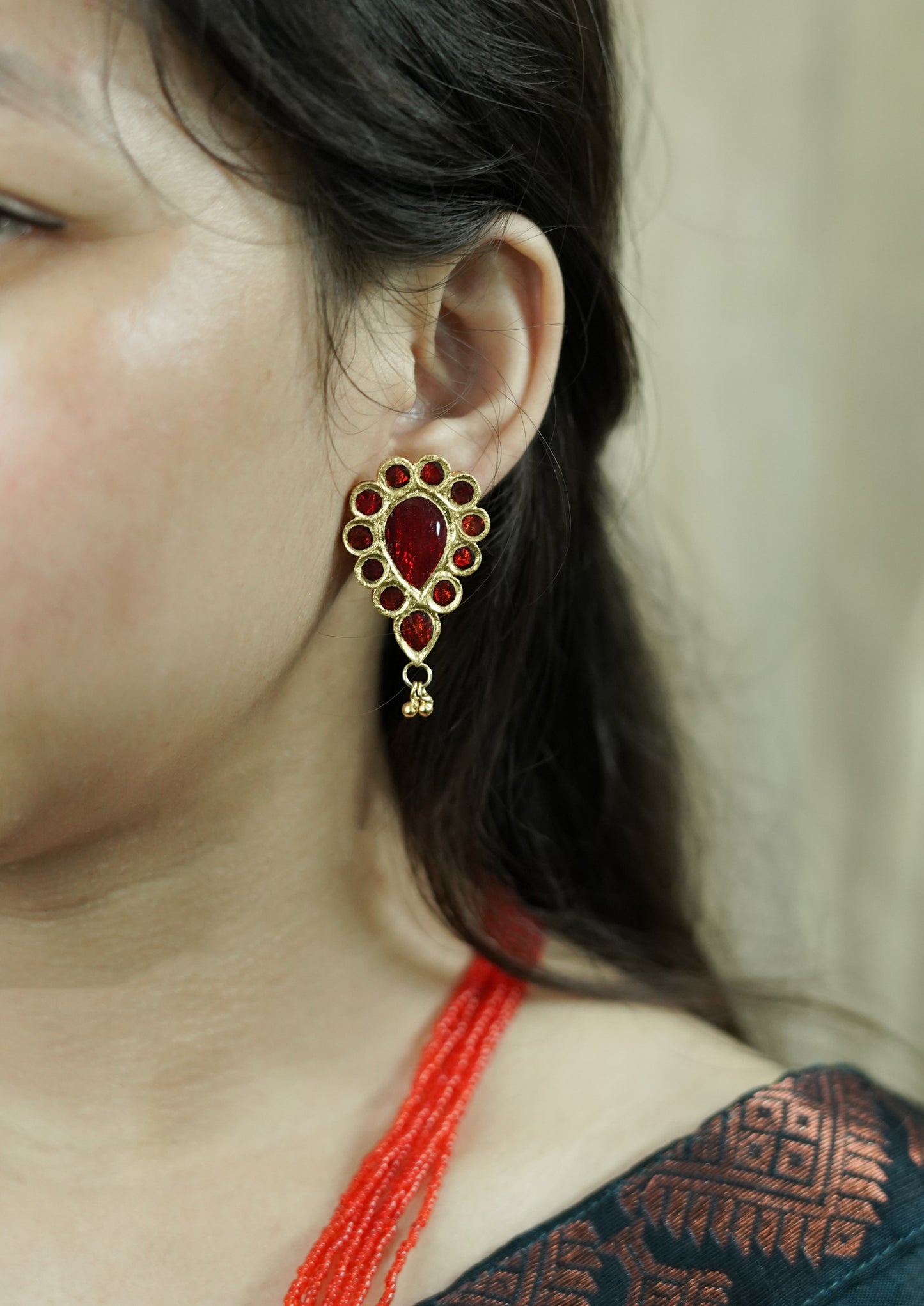 Sen Dugdugi Pendant and Earring with Red Stone - Assamese Jewellery