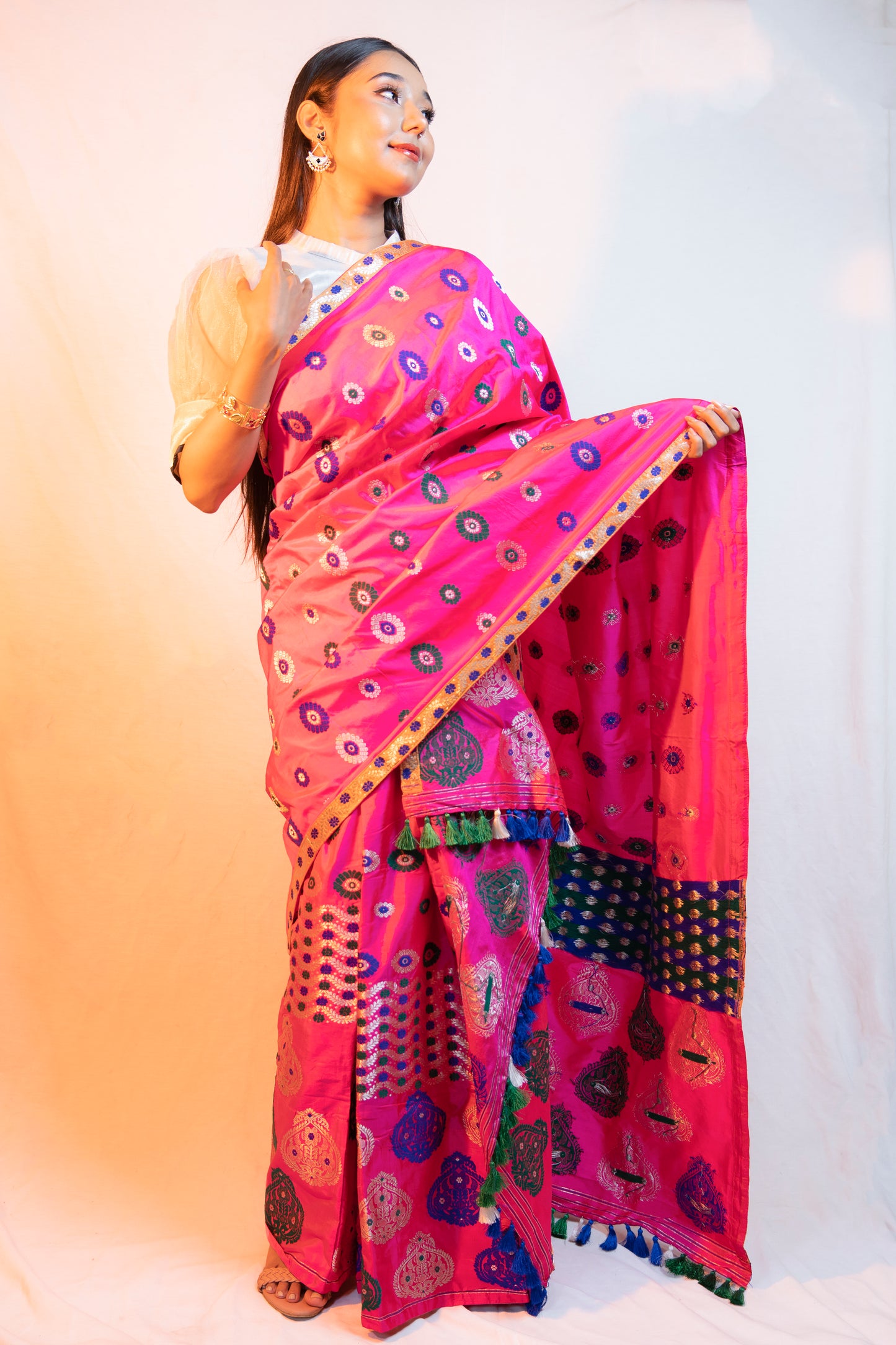 Hot Pink Mulberry Silk Mekhela Chador