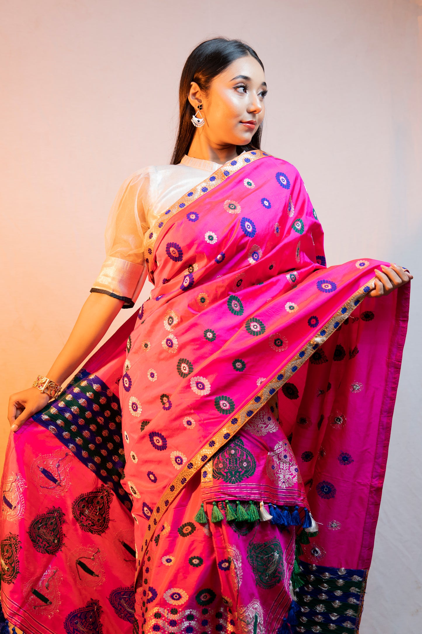 Hot Pink Mulberry Silk Mekhela Chador