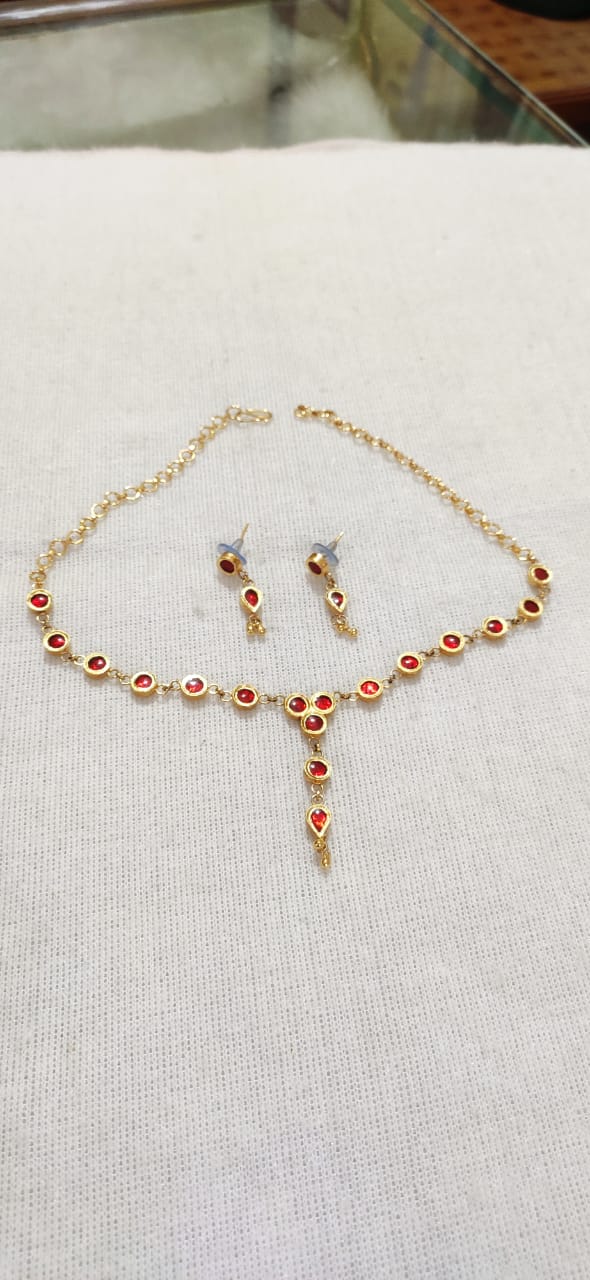 Swarna Moni Jewelry Set - Silver Base Jewelry with Gold Plating & Gold Foiled with Red Handmade Glass Stone