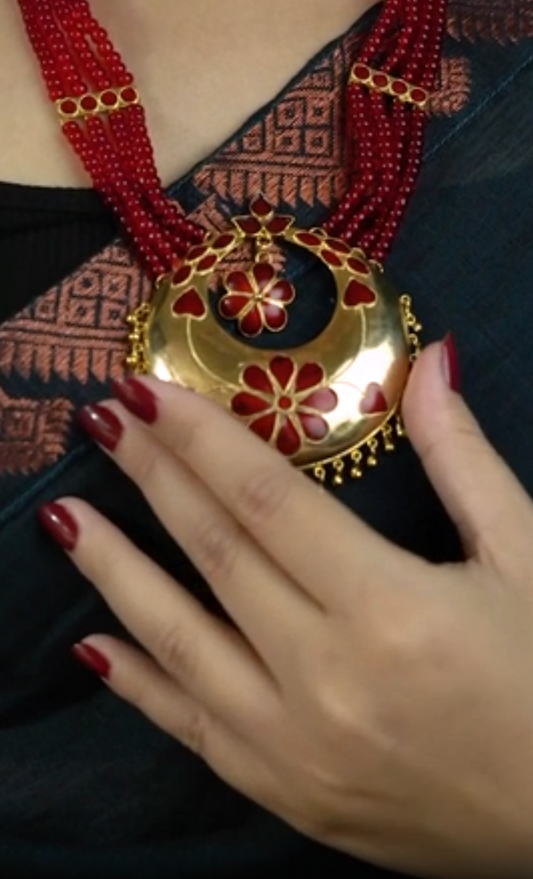 Spherical Necklace and Earring Set with Red Meenakari Assamese Silver Jewellery